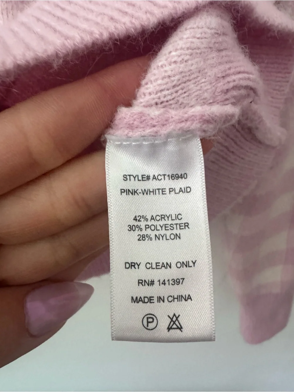ASTR Pink & White Gingham V-Neck Cardigan with Rhinestone Buttons Medium